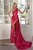 Green One Shoulder Prom Dress with Pleated Split BM bride