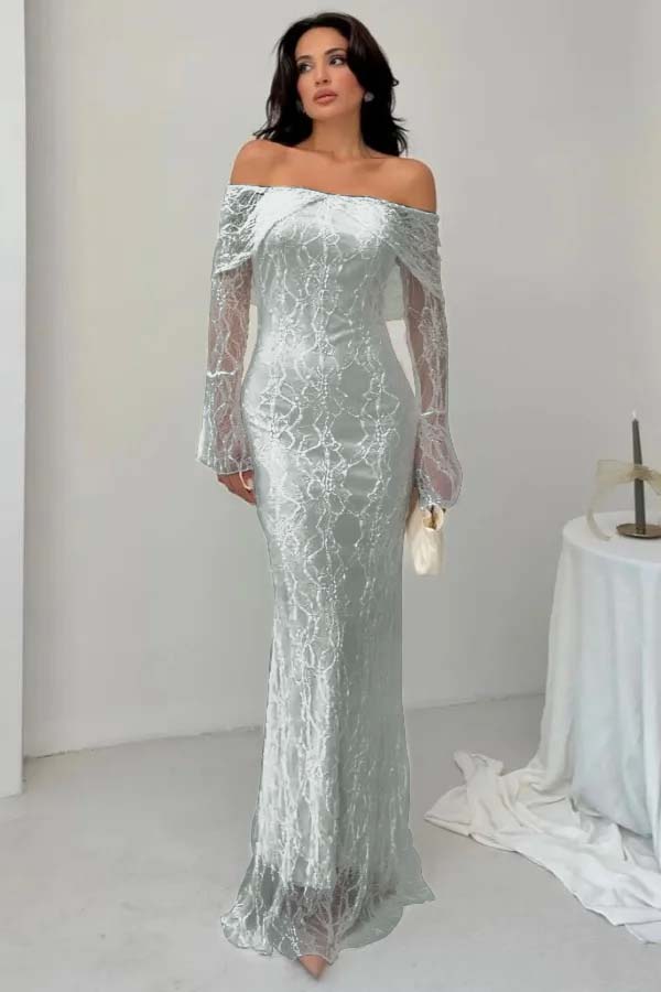 Off the Shoulder Long Sleeves Long Mermaid Prom Dress With Lace BMBRIDE