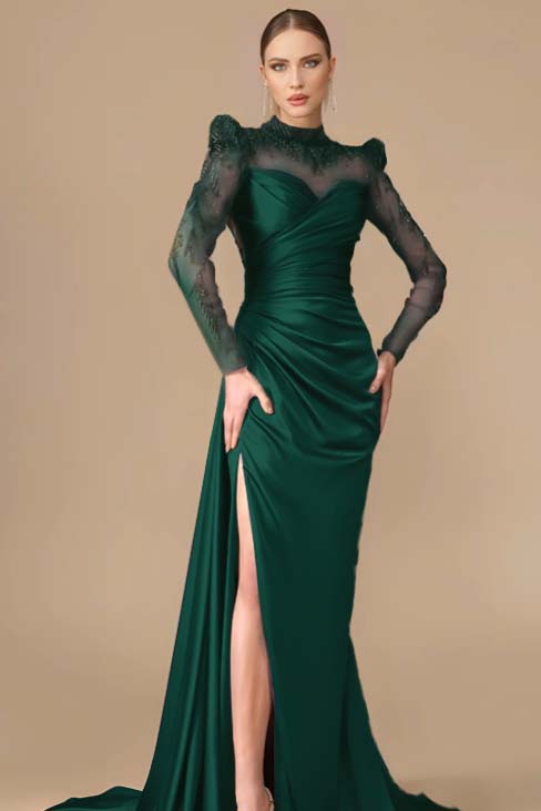 Long Sleeves Long Mermaid Prom Dress With Split Pleated Appliques BMBRIDE