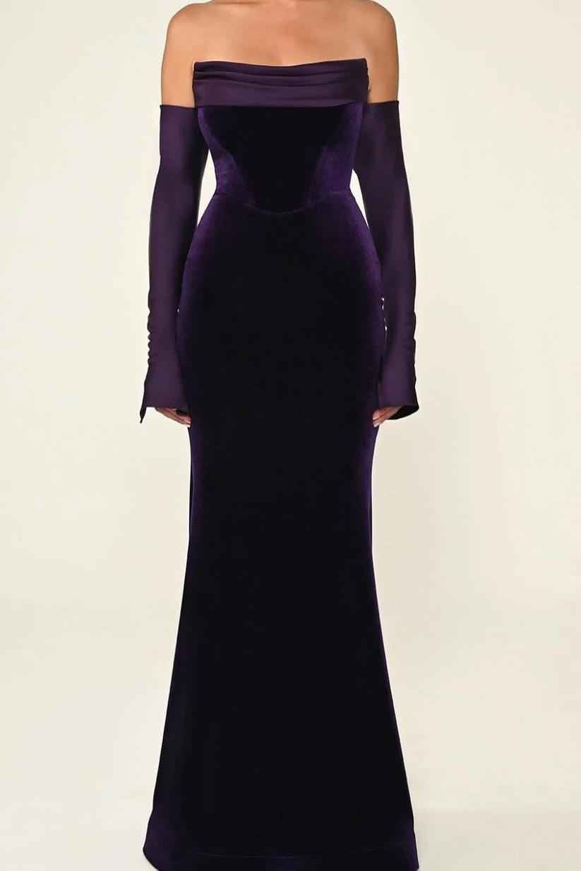 Purple Strapless Mermaid Long Prom Dress With Detachable Sleeves