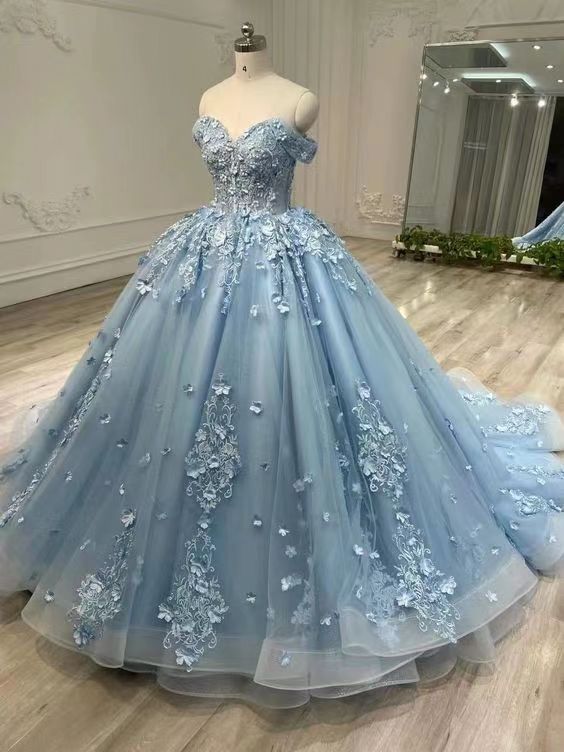 Elegant Blue Applique Tulle Strapless Evening Ball Gown BM bride