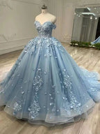 Elegant Blue Applique Tulle Strapless Evening Ball Gown BM bride