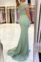 Jewel Neck Short Sleeves Ruffles Long Lace Mermaid Prom Dress With Split