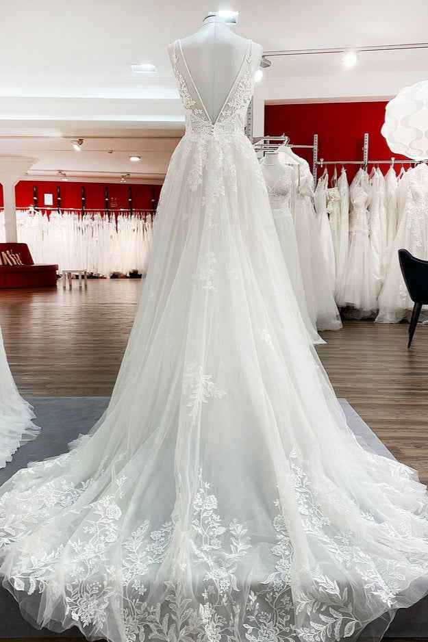 Elegant V-Neck Long A-Line Lace Wedding Dress with Tulle and Spaghetti Straps BM bride