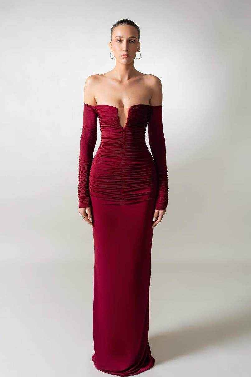 Long Sleeves Strapless Off the Shoulder Long Mermaid Prom Dress With Pleated