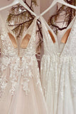Long Sweetheart A-Line V-Neck Backless Wedding Dress with Tulle Lace BM bride