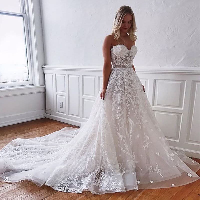 A-Line Floor-Length Wedding Dress with Sweetheart Lace BM bride