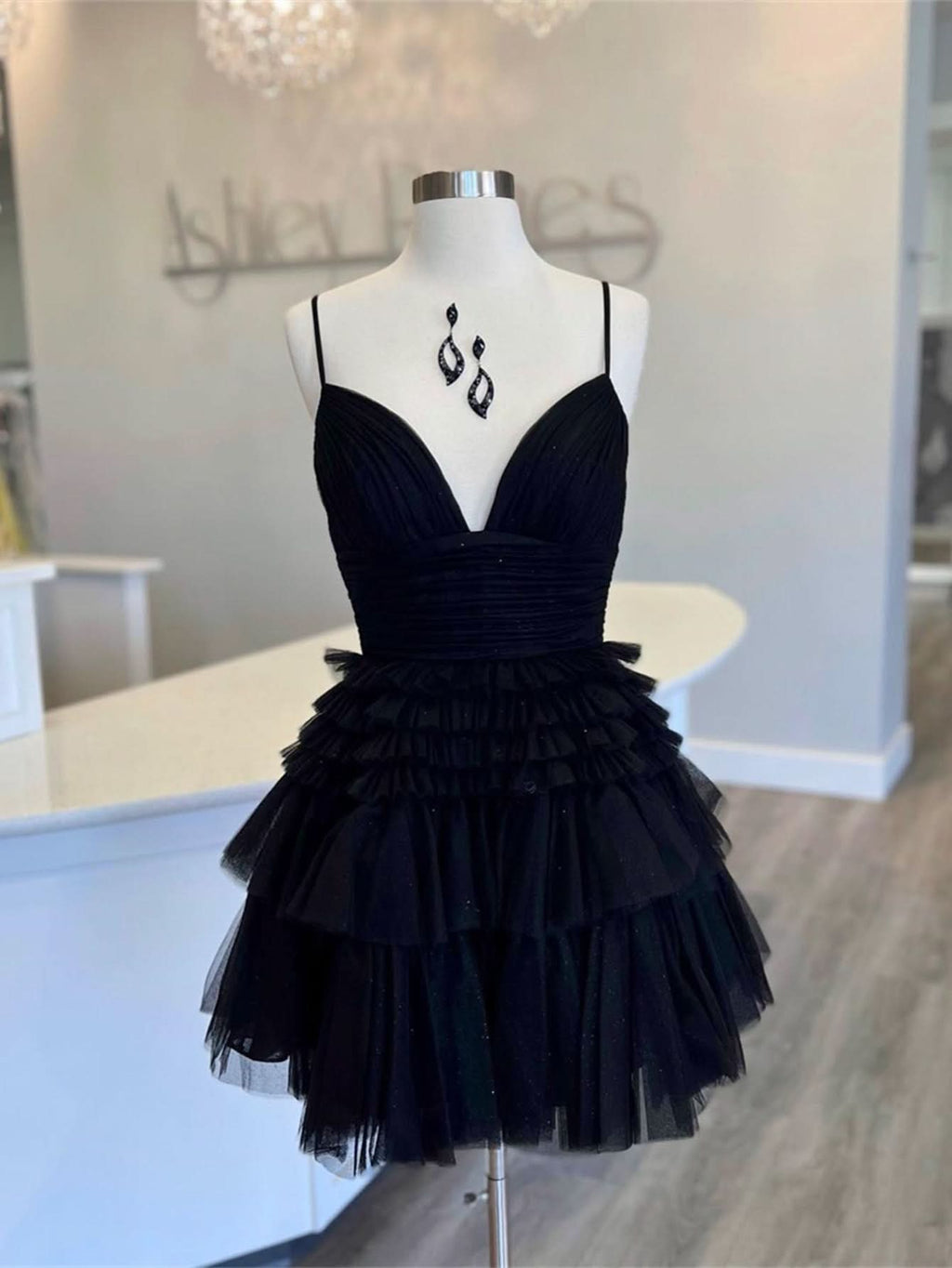 Deep V Neck Tiered A-Line Short Homecoming Dress BM bride