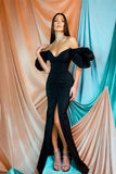 Off-the-Shoulder Black Mermaid Prom Dress with Split BM bride