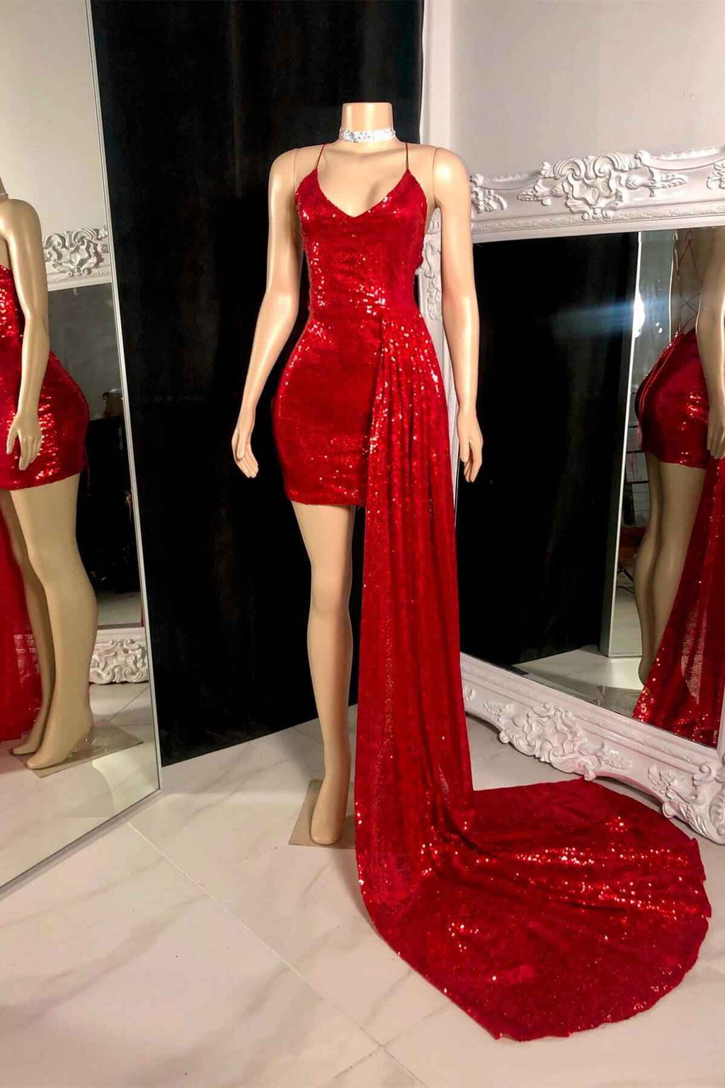 Red Short Prom Dress Sleeveless Simple With Long Trail Sequins