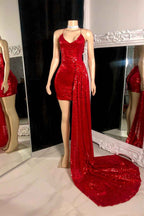 Red Short Prom Dress Sleeveless Simple With Long Trail Sequins