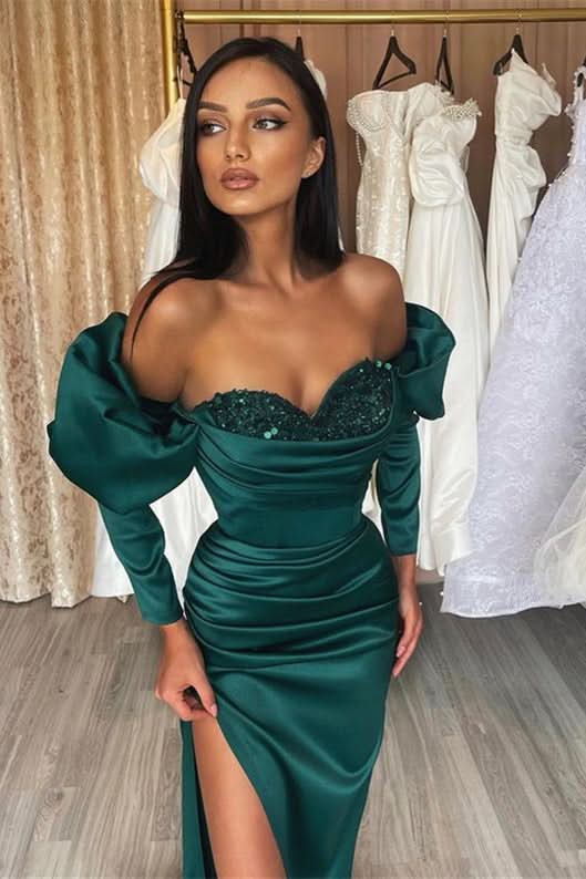 Gorgeous Emerald Evening Dress Prom Dress Long Sleeves Bubble Sleeves Sweetheart with Sequins BM bride