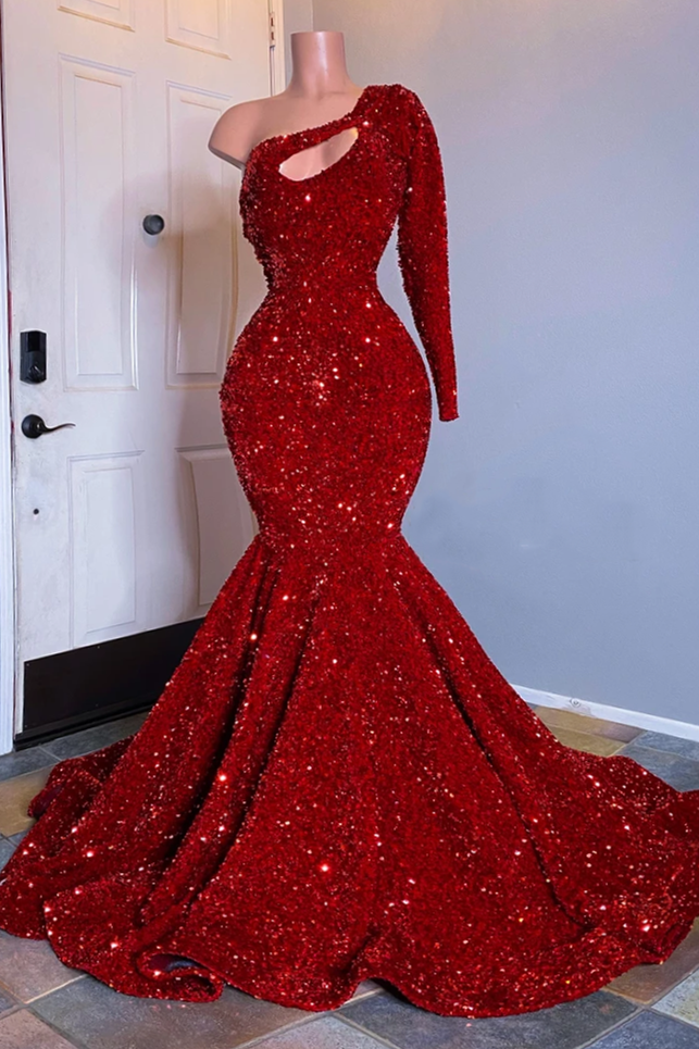 Chic Long Sleeve One Shoulder Sequins Long Mermaid Prom Dress With Ruffles