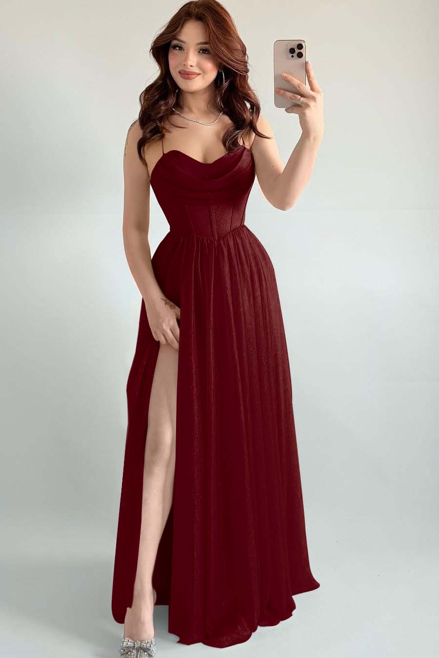 Spaghetti Strap Sleeveless Long High Split Prom Dress With Pleated BMBRIDE