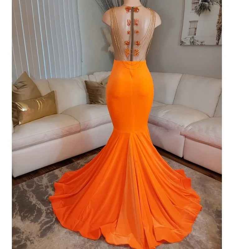 Charming Beading Embroidery Mermaid Orange Sleeveless Long Prom Dress