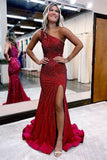 Burgundy One-Shoulder Mermaid Evening Dress with Sequins and Slit BM bride