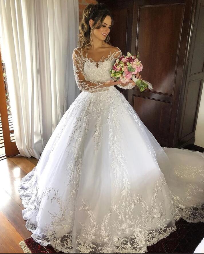 Sweetheart Backless Tulle Wedding Dress Long Sleeves With Appliques Lace BM bride