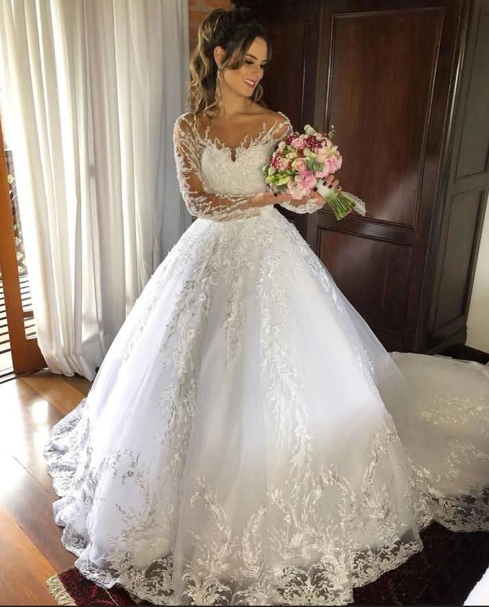 Sweetheart Backless Tulle Wedding Dress Long Sleeves With Appliques Lace BM bride