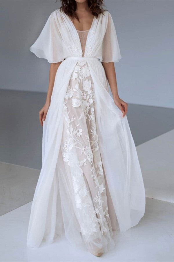V-Neck A-Line Chiffon Lace Boho Wedding Dress with Belt BM bride