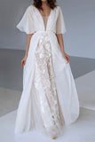 V-Neck A-Line Chiffon Lace Boho Wedding Dress with Belt BM bride