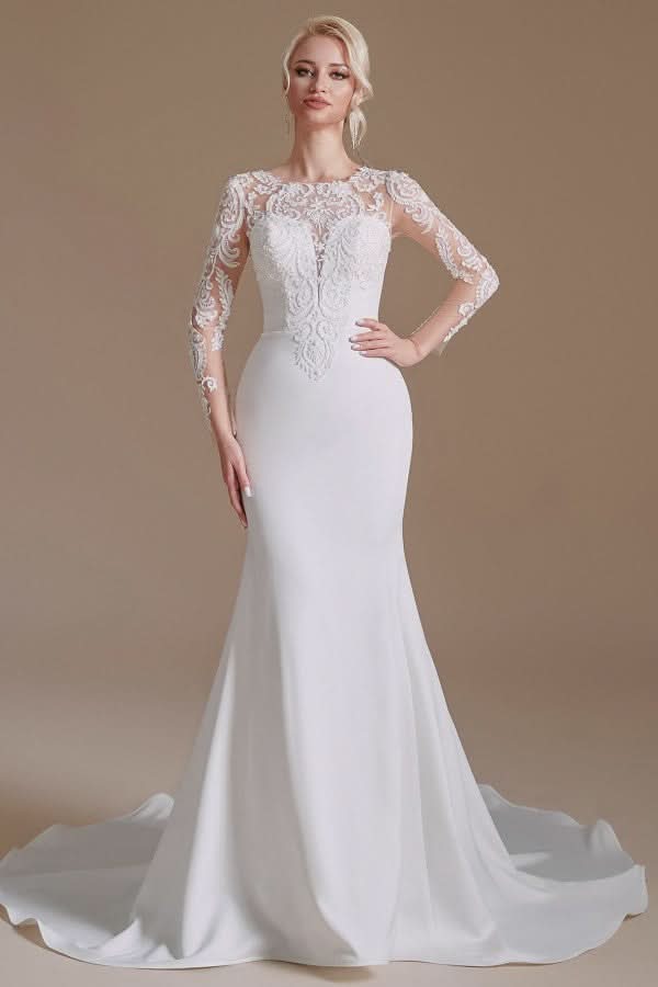 Jewel Neck Satin Lace Long Sleeve Mermaid Wedding Dress BM bride