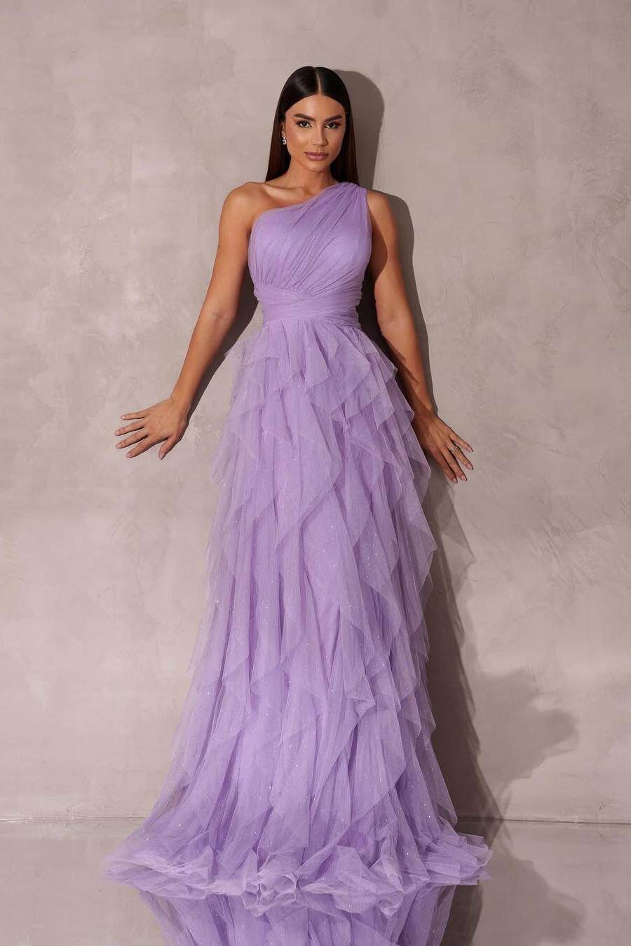 Chic One Shoulder Sleeveless Long Prom Dress With Tulle Ruffle