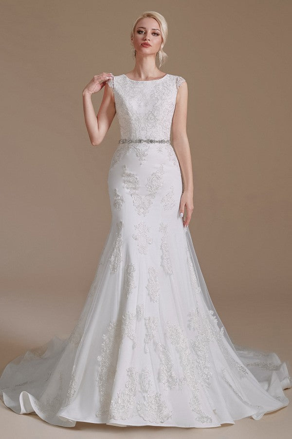 Mermaid Jewel Neck Long Wedding Dress with Tulle Lace BM bride