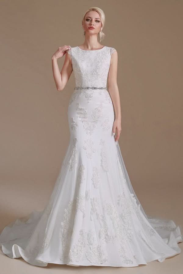 Mermaid Jewel Neck Long Wedding Dress with Tulle Lace BM bride