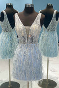 Light Blue Beaded Sequins Tight Homecoming Dress with Feathers Bmbride