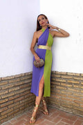 High Neck Sleeveless A Line Contrasting Colors Prom Dress Split With Belt