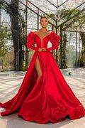 Sexy Red V Neck Bubble Sleeves Prom Dress with Slit BM bride