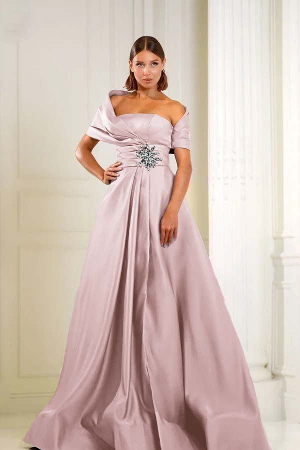 Off the Shoulder Sleeveless Long Prom Dress With Pleated Beading BMBRIDE