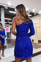Sparkly Red One Shoulder One Sleeve Sequins Homecoming Dress with Slit Bmbride