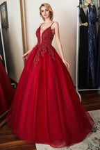 Chic Spaghetti Strap Sleeveless Beadings Long Prom Dress Red With Appliques