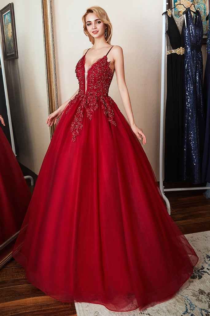 Chic Spaghetti Strap Sleeveless Beadings Long Prom Dress Red With Appliques