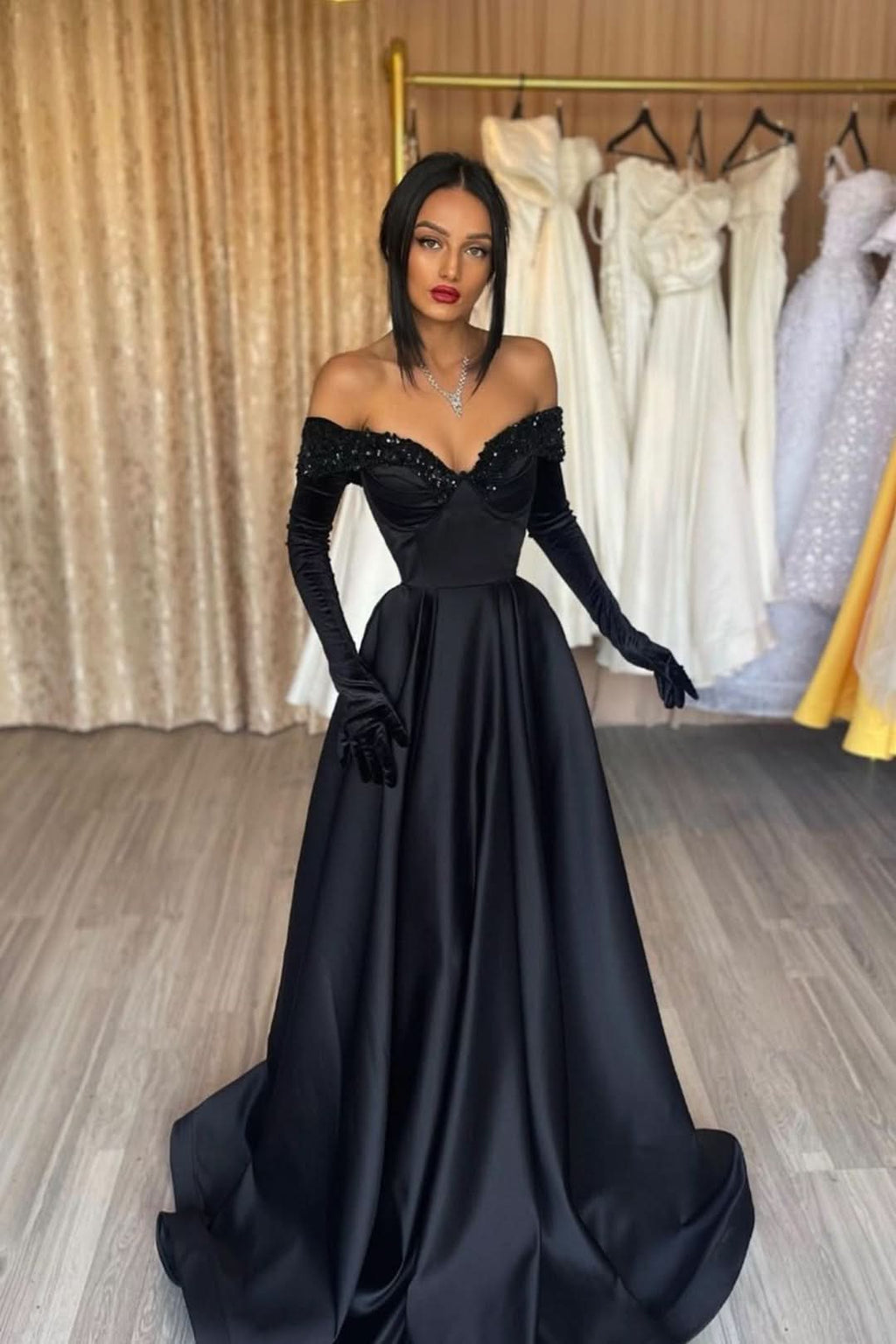 Black Strapless A-Line Prom Dress with Gloves in Charmeuse BM bride