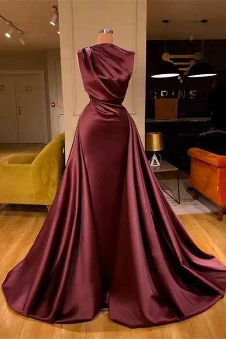 Glamorous Mermaid Burgundy High Waist Sleeveless Long Evening Dress With Pleated