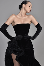 Black Samt Half Sleeves Off-the-Shoulder Evening Dress with High Slit BM bride