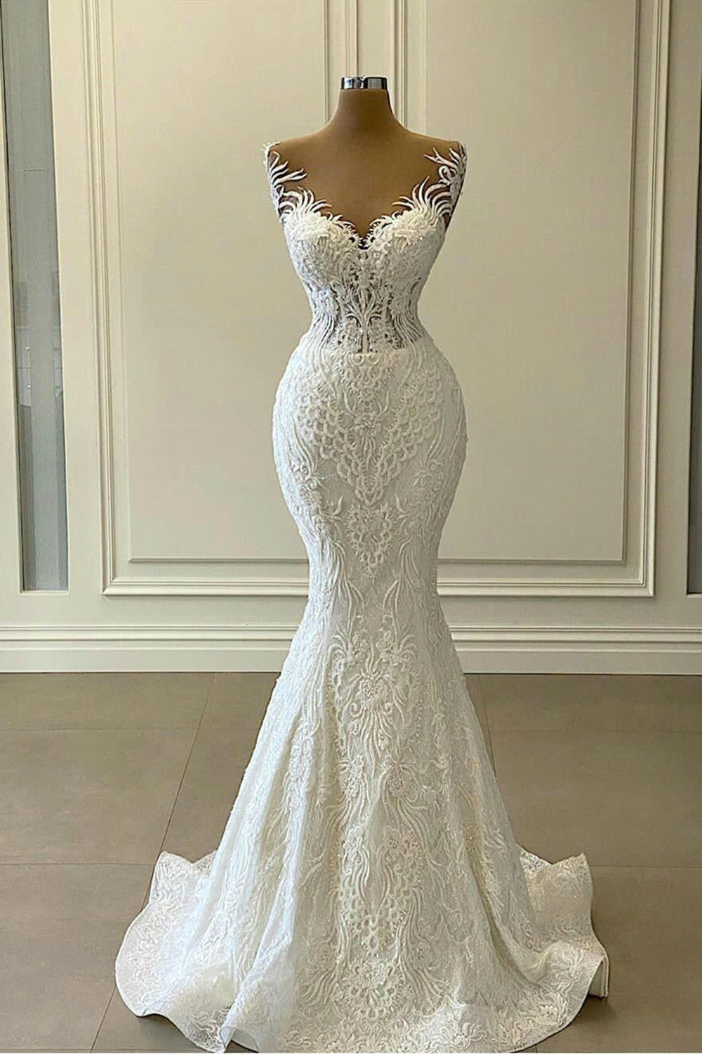 Sweetheart Mermaid Wedding Dress with Lace Appliques and Detachable Train BM bride