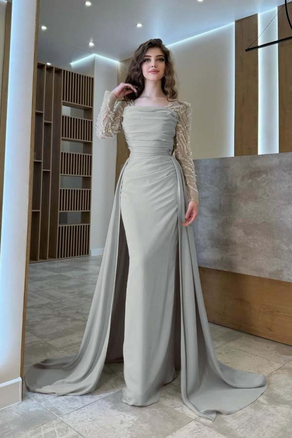 Long Sleeves Square Neck Long Mermaid Prom Dress With Pleated BMBRIDE