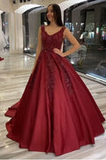 V-neck Backless A-Line Satin Wedding Dress Ruffles Train With Appliques Beading BM bride