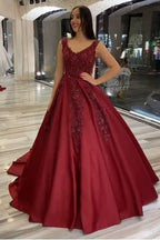 V-neck Backless A-Line Satin Wedding Dress Ruffles Train With Appliques Beading BM bride