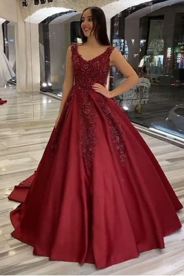 V-neck Backless A-Line Satin Wedding Dress Ruffles Train With Appliques Beading BM bride