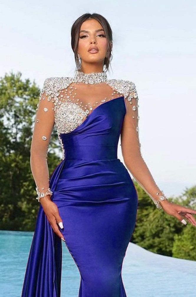 Prom Dress Long Mermaid Satin With Trail Beadings Long Sleeves Purple BMBRIDE