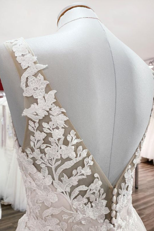 Long A-Line Tulle V-Neck Open Back Wedding Dress with Lace Appliques BM bride