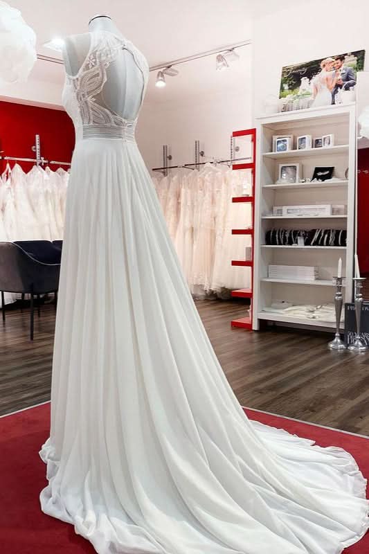 Long Satin A-line Wedding Dress Jewel Open Back With Ruffles Appliques BM bride