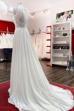 Long Satin A-line Wedding Dress Jewel Open Back With Ruffles Appliques BM bride