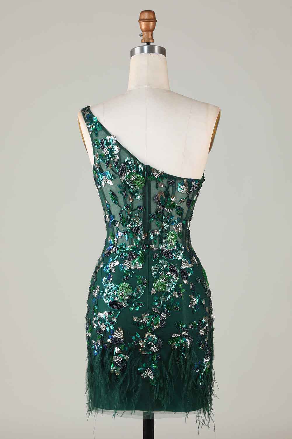 Sparkly Dark Green Tight Short Beaded Homecoming Dress with Feathers Bmbride