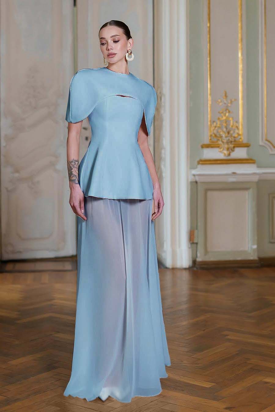 Chiffon Sleeveless Long Mermaid Prom Dress With Pleated Shawl BMBRIDE
