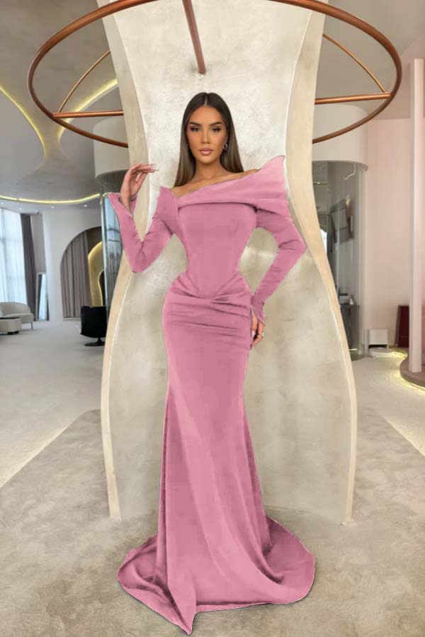 Off the Shoulder Long Sleeves Long Mermaid Prom Dress With Pleated BMBRIDE
